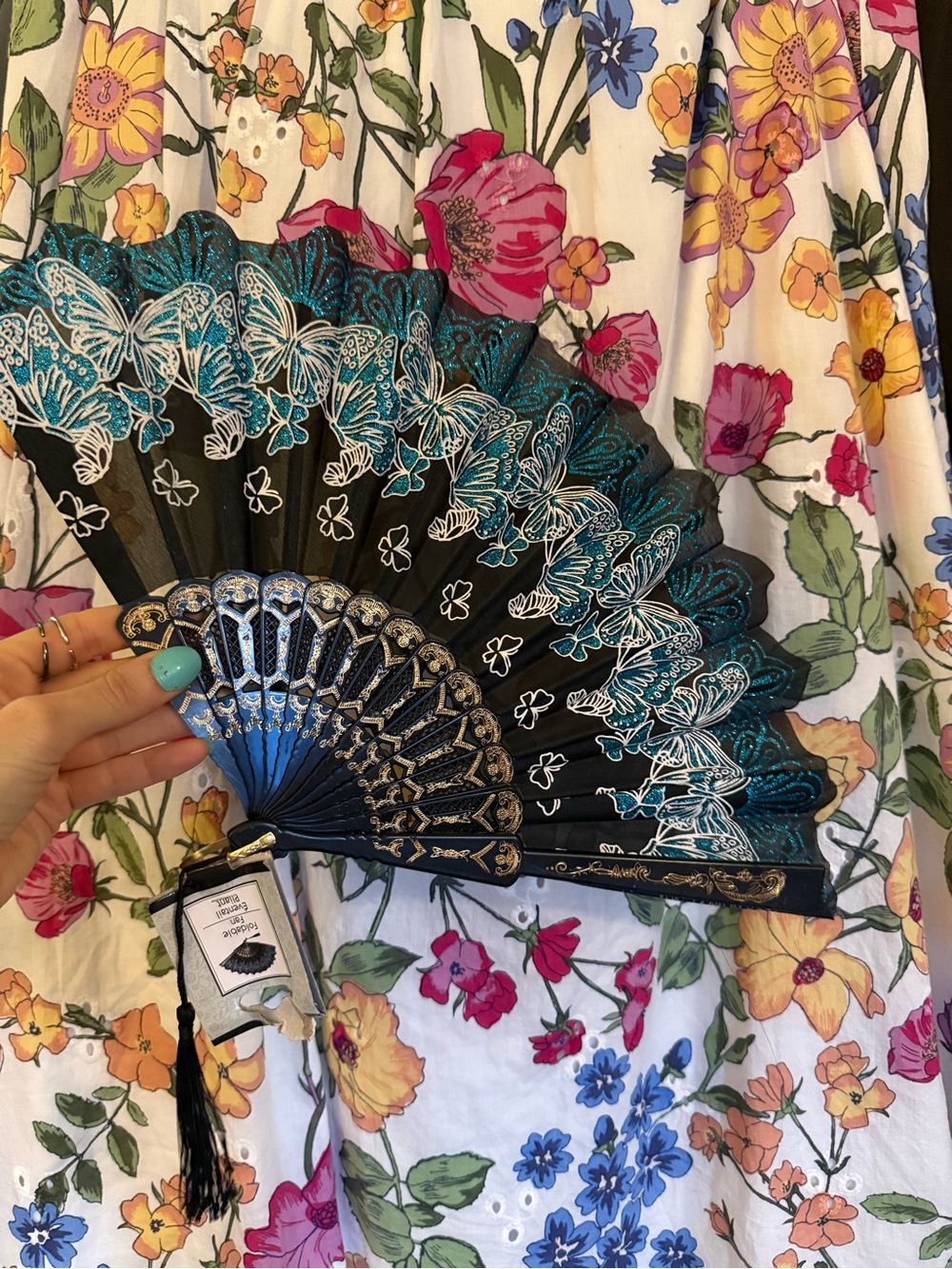 Glitter Butterflies Y2K 🦋 Teal & Black Lace Folding Hand Fan - Elegant